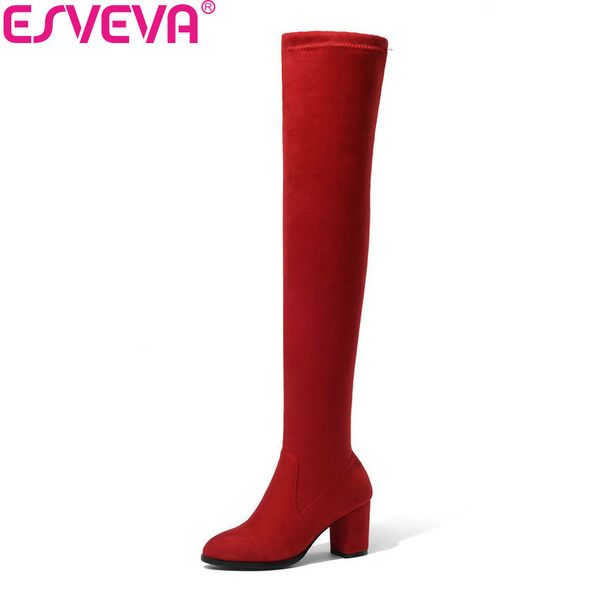 

esveva 2020 women boots look slim over the knee boots stretch fabrics round toe shoes square high heels autumn size 34-43, Black
