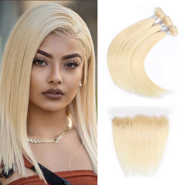 

613 blonde hair bundles with frontal brazilian straight hair 3 bundles with lace frontal 10-28 inch remy human hair extensions, Black;brown