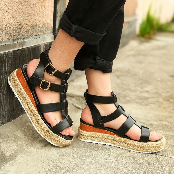 

sandals 2021 women's roman round head large shoes slope heel, Black