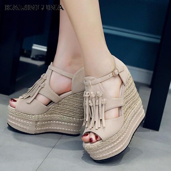 

karin new trendy straw high heels fringes leisure platform wedges summer woman shoes sandals, Black