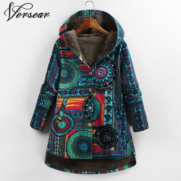 

versear female jacket plush coat women windbreaker winter warm outwear floral print hooded pockets vintage oversized coats plus, Black;brown