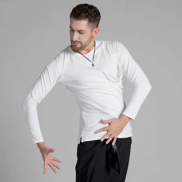 

stage wear men latin dance shirt white long sleeve male practice cha rumba samba tango salsa dancing performance dnv12689, Black;red