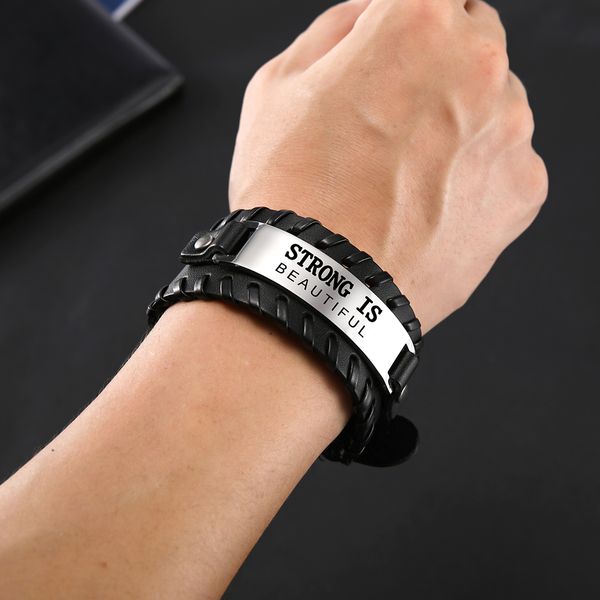 

lemegeton classic proverb genuine leather bracelet men stainless steel words sayings charm wristband bangle, Black