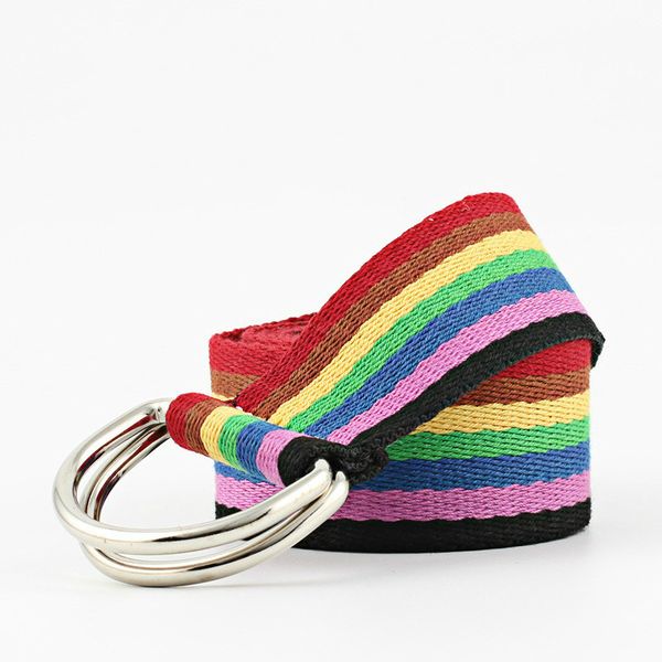 

rainbow belt fashion double ring buckle canvas belt for men ladies wild denim fashion outdoor color women striped unisex, Black;brown