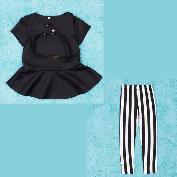 

мода baby kid girl летние наряды черный топ футболка с коротким рукавом + полосатые брюки+пояс 3шт комплект одежды 2-11т, White