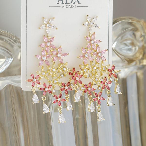 

fashion- crystal flowers earrings for women new fashion long dabgke chandelier female wedding brand jewelry with cz, Silver