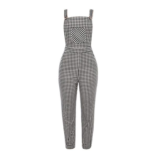 

women casual sleeveless backless dungarees bodycon plaid regular long overalls romper female jumpsuit pencil pants trousers drop shipping, Black;white