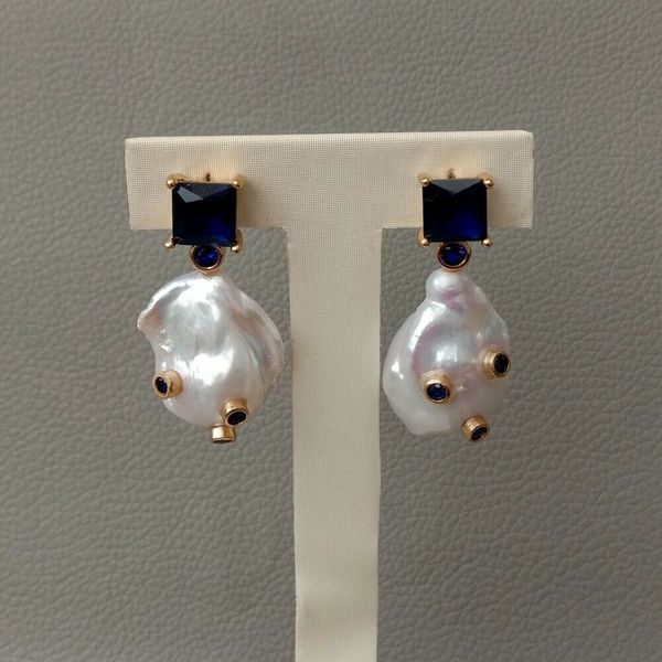 

cultured white baroque pearl blue cz rhinestone earrings, Silver