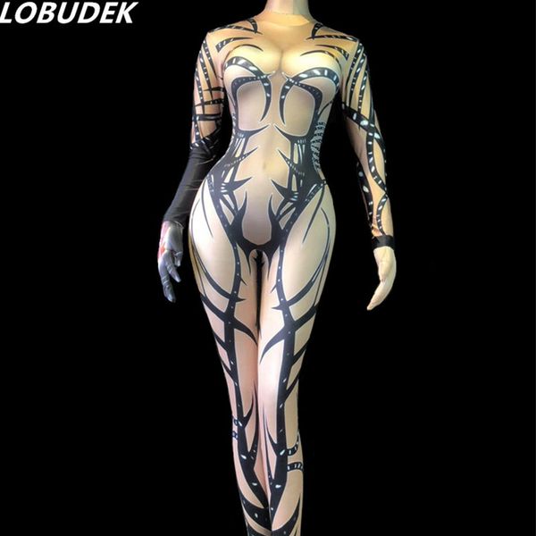 

female pole dancing performance costume bar dancer dj ds show stage wear 3d printing stretch skinny jumpsuit spandex leotard bodysuits, Black;red