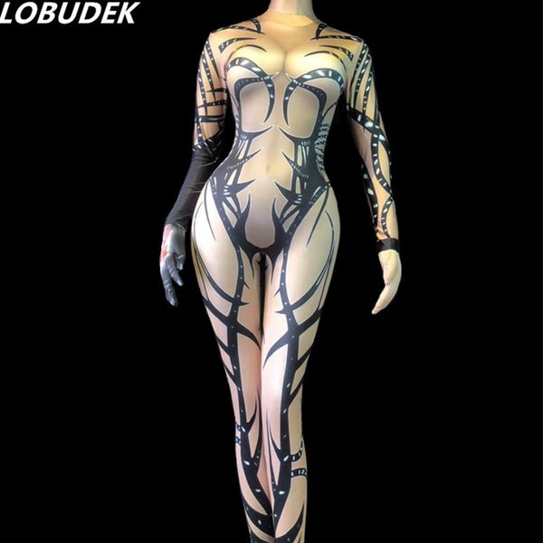 Costume da performance di pole dance femminile Ballerino da bar sexy DJ DS Show Stage Wear Stampa 3D Tuta attillata elasticizzata Body in spandex Body