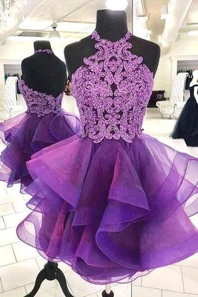 Elegante Roxo cabeçada de organza Curto Vestidos Homecoming 2020 Lace Applique frisada Curto Prom Vestidos