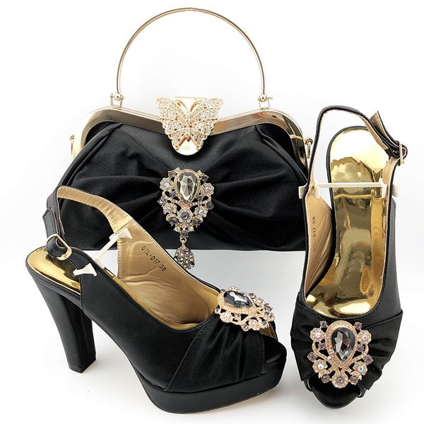 

fashion black women shoes match handbag set with crystal decoration african high heel dress pumps and bag qsl017,heel 11cm
