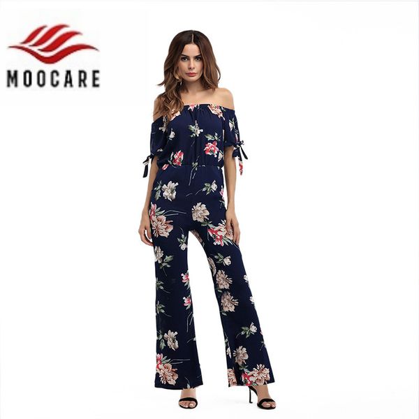 

moocare chiffon simple vintage floral print jumpsuit romper v neck off shoulder bow short sleeve casual bodysuits playsuits, Black;white
