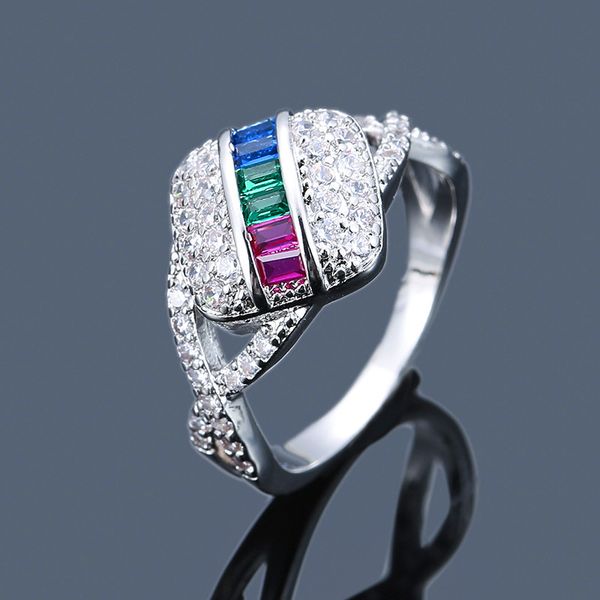

luxury female square colorful zircon ring fashion silver yellow gold color wedding ring fashion wedding rings for women, Slivery;golden