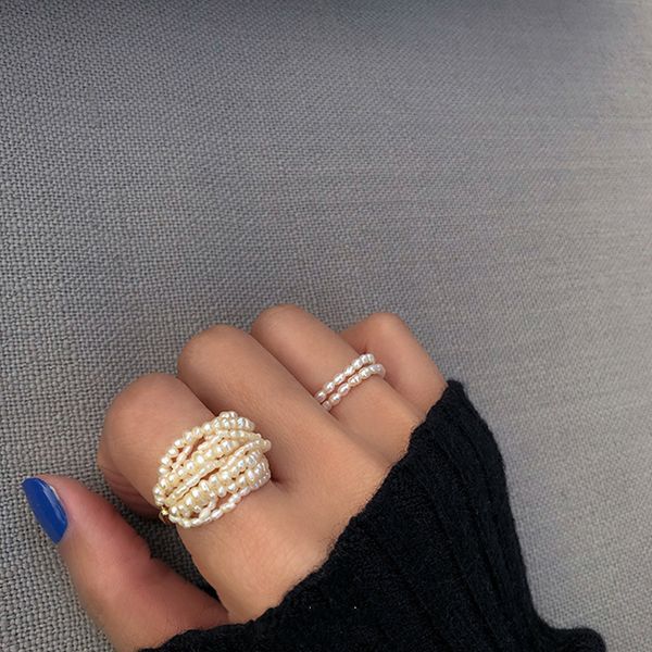 

wtltc real multi tiny freshwater pearls rings for women baroque pearl string finger rings custom personality layering ring boho, Golden;silver