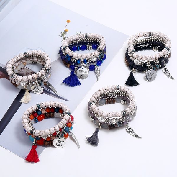

new design 2019 bohemian ethnic multilayer vintage new beads bracelets boho statement tassel pearl charms wrap bracelet bangles, Black
