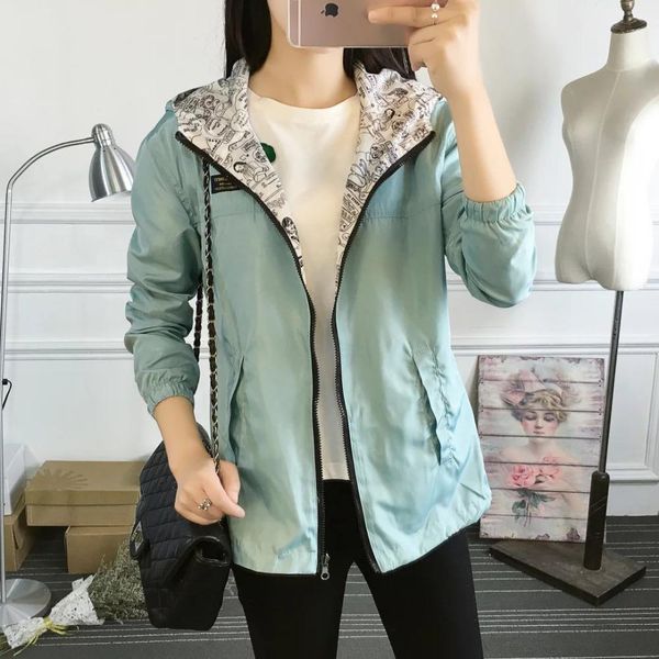 

autumn women bomber basic jacket pocket zipper hooded two side wear cartoon denim print outerwear loose coat fit, Black;brown