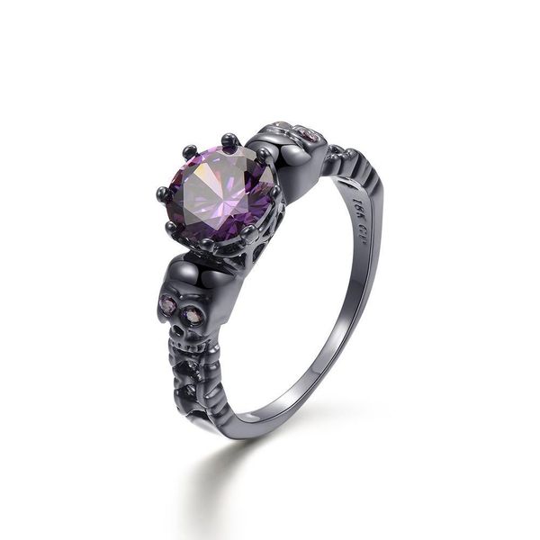 

punk skull ring big round purple crystal zircon rings for women and men vintage black ring jewelry, Golden;silver