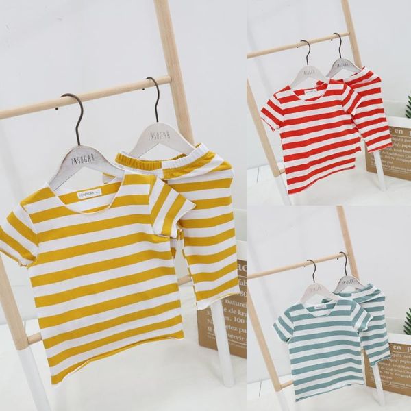 

2020 новая корейская версия детской полосатой пижамы комплект из двух частей детская пижама девушки семь точек рукав летний костюм, White