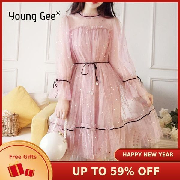 

young gee women summer autumn bling stars sequins mesh dress new ruffles lace female flare sleeve loose vintage dresses vestidos, Black;gray