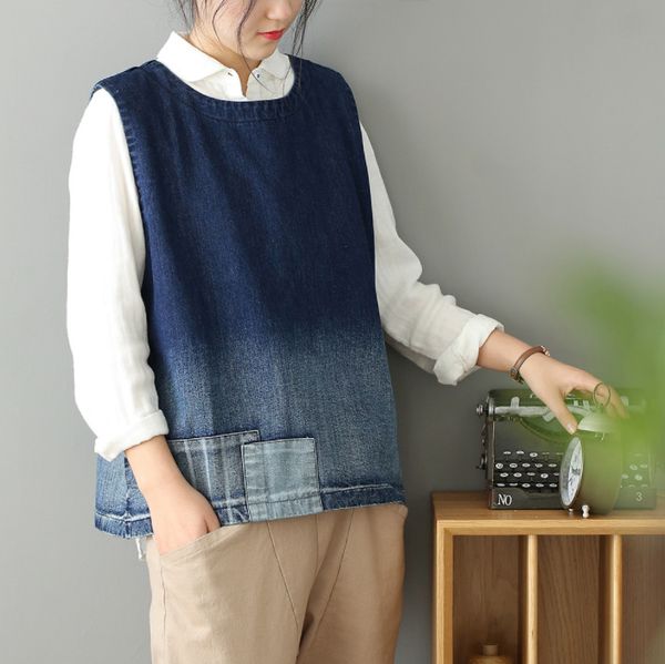 

women's vests 2021 spring summer vest large size loose women all-match casual o-neck sleeveless vintage patchwork denim, Black;white