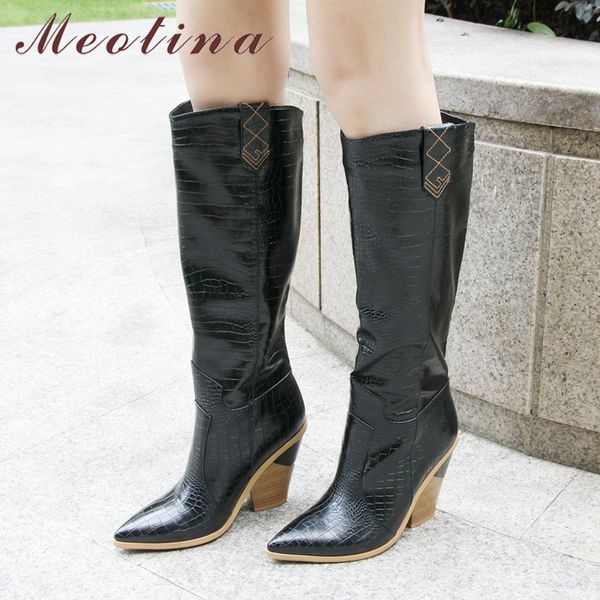 

meotina winter embossed knee women strange style high heel western boots pointed toe tall shoes autumn gold size 3-12 mx200324, Black
