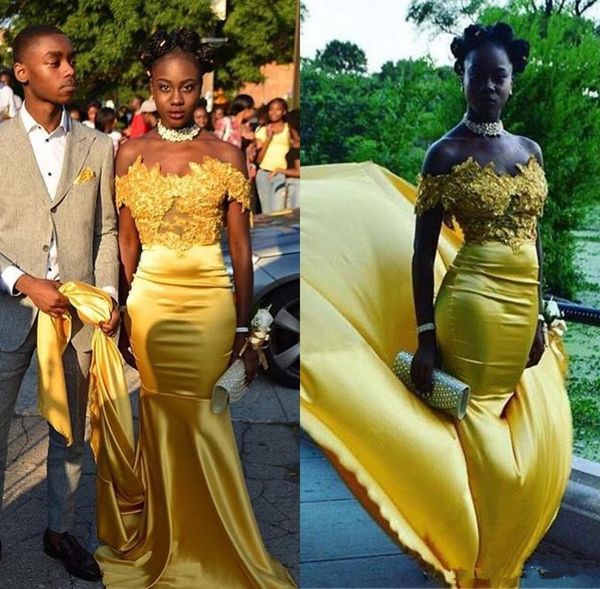 

black girls yellow mermaid prom dresses 2019 off shoulders lace appliques formal evening party gowns south african dresses custom, Black;red