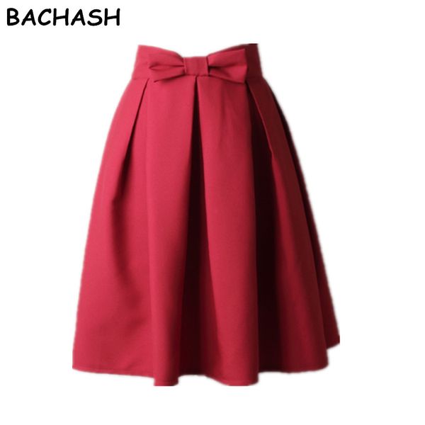 

bachash elegant women skirt high waist pleated knee length skirt vintage a line big bow red black side zipper skater skirts red, Black;gray