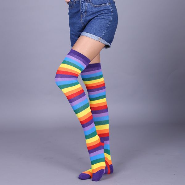 

rainbow striped knee hige stockings * european and american selling styles * large size length 70 cm thigh highs, Black;white