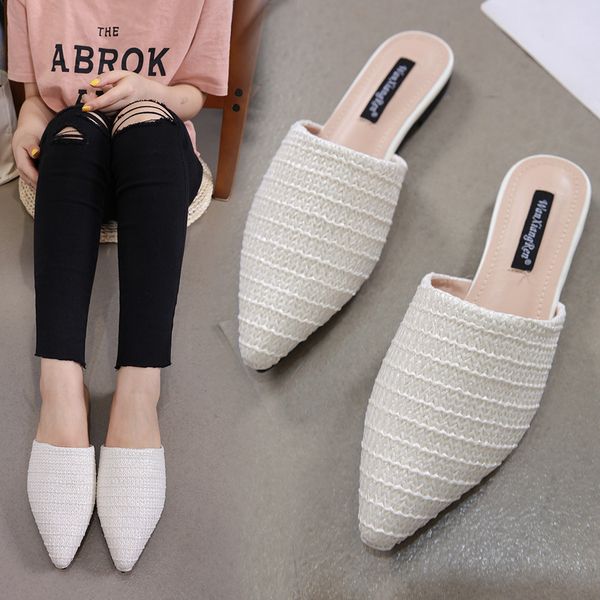 

female shoes square heel ladies' slippers low pointed toe 2019 block soft rubber pu cane slides rome hoof heels fabric basic, Black