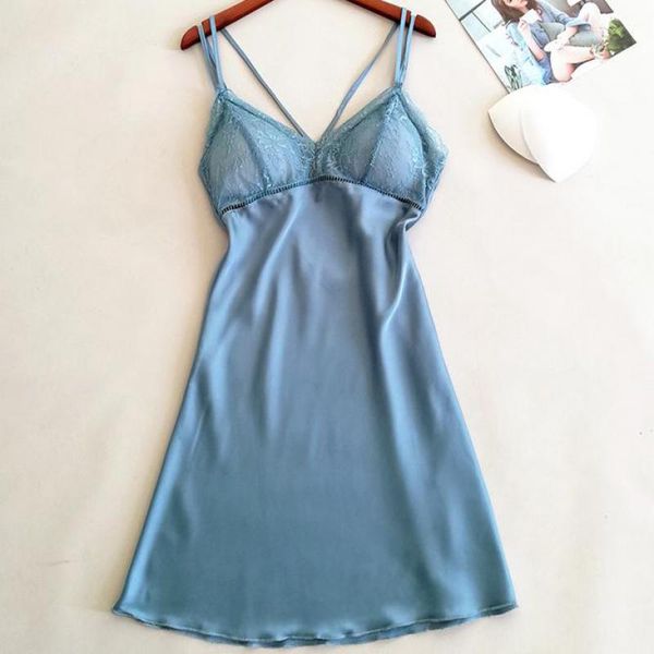 

satin lady nightie nightgown silky intimate lingerie lace patchwork spaghetti strap nightdress sleepwear home clothes, Black;red