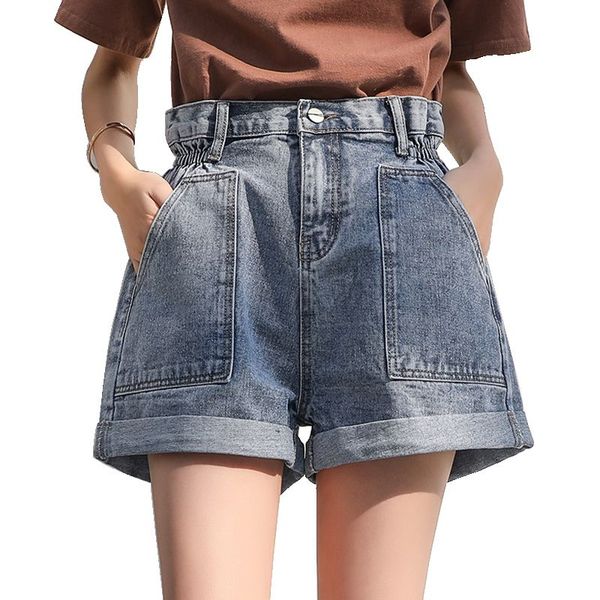 

2019 new denim loose high waist slim web celebrity a word wide leg women shorts blue black 1013, White;black