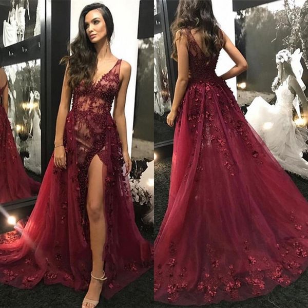 

red v neck elegant prom dresses lace appliques side splits women long party gowns sweep train 2019 simple evening dresses, Black
