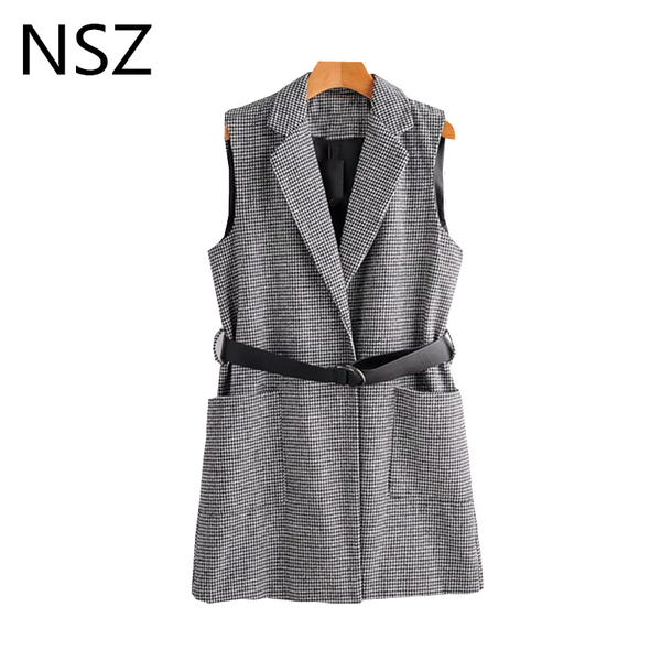 

women's vests nsz women houndstooth vest long sleeveless tweed coat with belt plaid classic checked woolen waistcoats fall winter 2021, Black;white