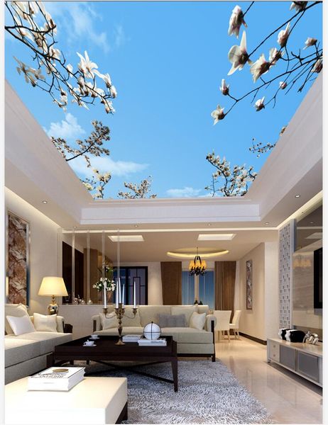 Carta da parati personalizzata 3D Photo Soffitto cielo blu nuvole bianche rami di fiori soggiorno soffitto camera da letto murale