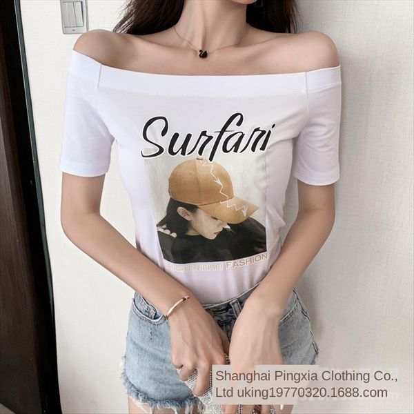 

one-shoulder female summer students short-sleeved strapless t-shirt women's 2019 fashion one-shoulder female summer students short-s, White