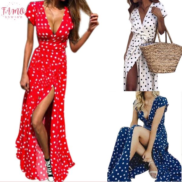 

2020 women boho style dot summer beach long dress evening party v neck high waist a line maxi dress vestidos ladies, Black;gray