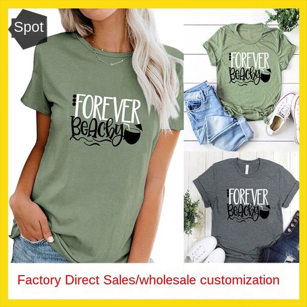 

women's forever beachy letter casual short-sleeved t-shirt women's forever beachy letter casual short-sleeved t-shirt, White