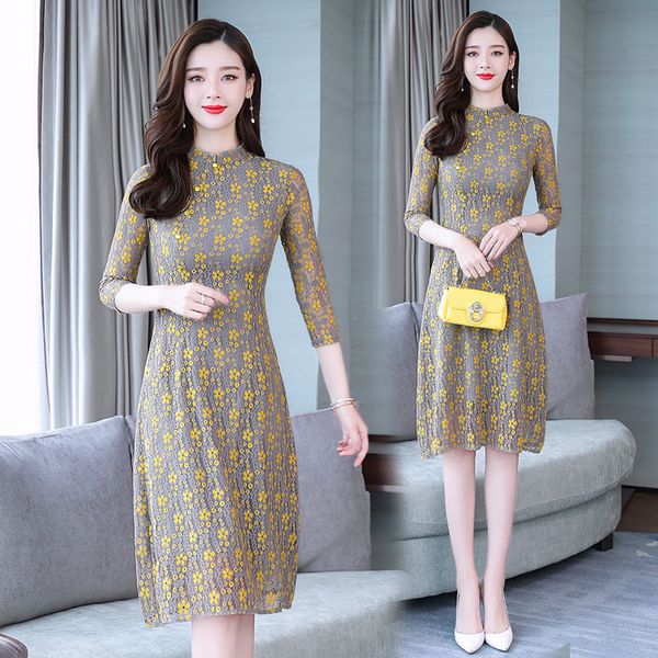 

2019 season nation wind improvement cheongsam lace dress grace temperament self-cultivation waist a word, White;black