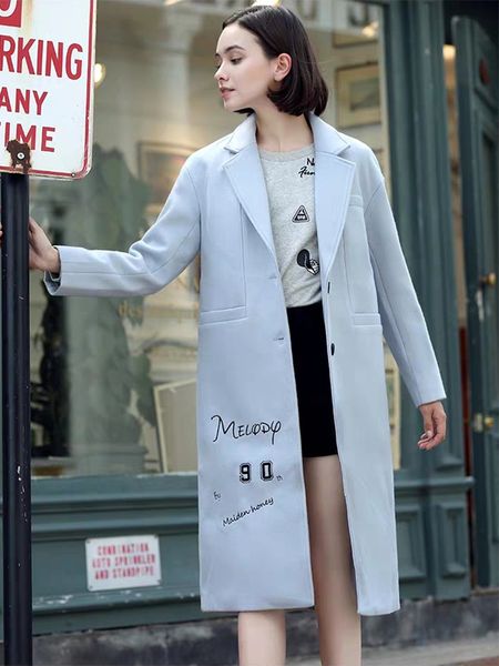 

fall winter work light dusty sky blue lapel loose wool jacket autumn vintage england style long outerwear woolen coat overcoat, Black