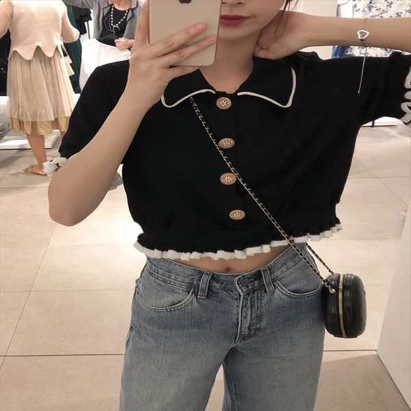 

zhenzhen home black knitted wooden ear slim short sleeve sweater sweater female short style academic style, White