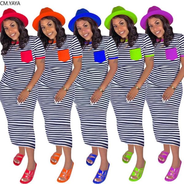 

cm.yaya 2020 summer women striped o-neck short sleeve with pocket slim maxi dress vintage beach high street bodycon long dresses, Black;gray