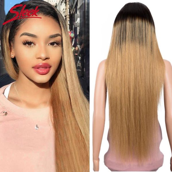 

lace wigs sleek brazilian remy 13x4 front human hair long 30 inch straight ombre t1b/27 150% density pre plucked with baby, Black;brown