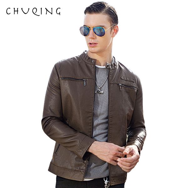 

chuqing autumn new locomotive men's leather collar collar leather jacket fashion trend men's jacket, Black;brown