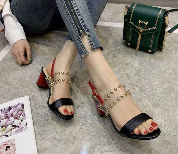 

[orignal box] new arrival womens rivet sheepskin+pvc chunky heels 6cm sandals ladies slingbacks slippers summer shoes 35-39, Black