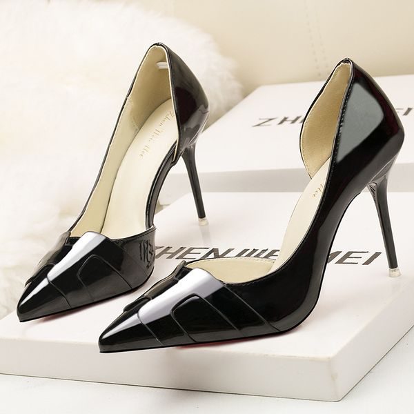 

japanned leather slim pointed toe high heels shoes woman 2020 new design shallow slip on pumps side open solid ladies stilettos, Black