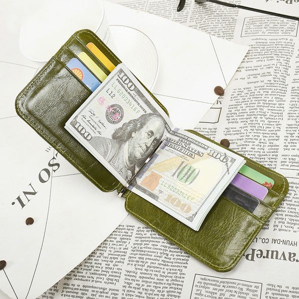 

2019 vintage wallet brand men's small pocket metallic money clip real genuine cow leather credit id holder retro billfold purse, Black