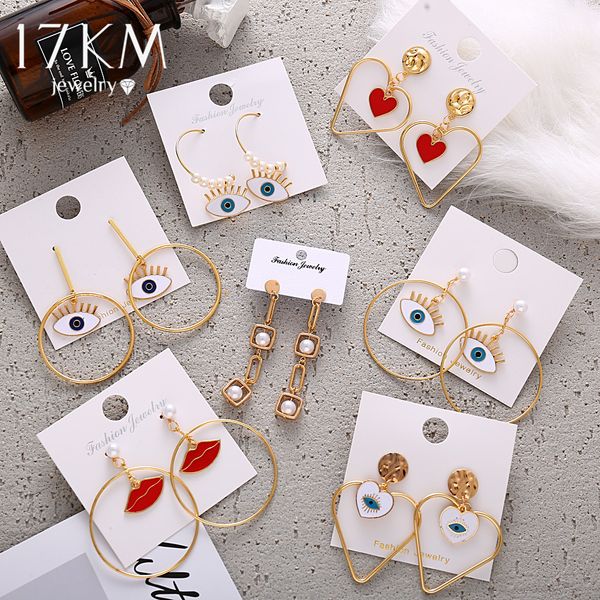

17km 2019 gold pearl eye drop earrings for women bohemian brincos ear mouth heart round big earrings fashion jewelry accessories, Silver