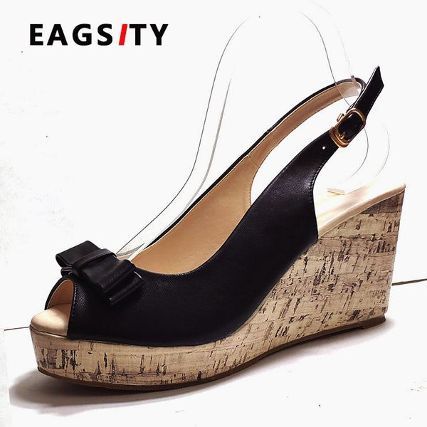 

eagsity женщины клинья сандалии 2019 лето платформа лодыжки ремень peep toe туфли на высоком каблуке женские насосы slingback женские сандал, Black