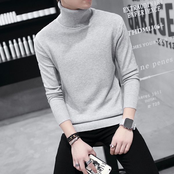 

2018 new autumn winter men's sweater men elastic turtleneck solid slim fit brand knitted pullovers casual thick wool sweaters, White;black